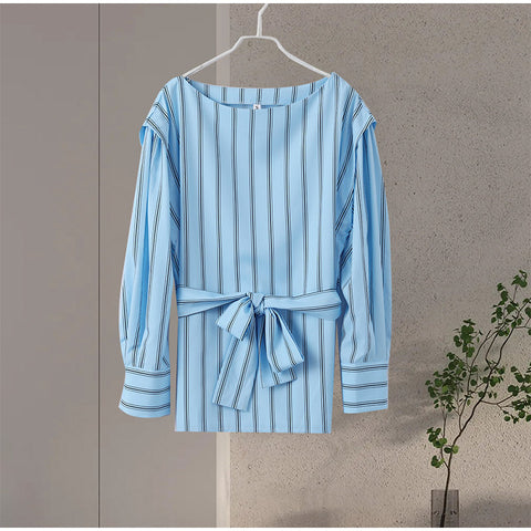 Sonicelife Elegant Stripe Print Skirt Set Women Fashion Belt Lantern Sleeve Shirt Pleated Long Skirts 2024 Spring Summer Casual Lady Outfit