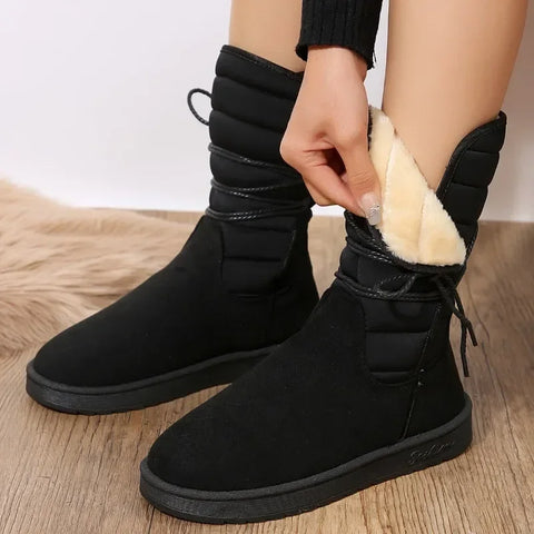 Sonicelife 2025 Platform Mid-calf Boots Womens Winter Warm Plush Suede Snow Boots Waterproof Designer Flats Lace Up  Cotton Shoe Boots