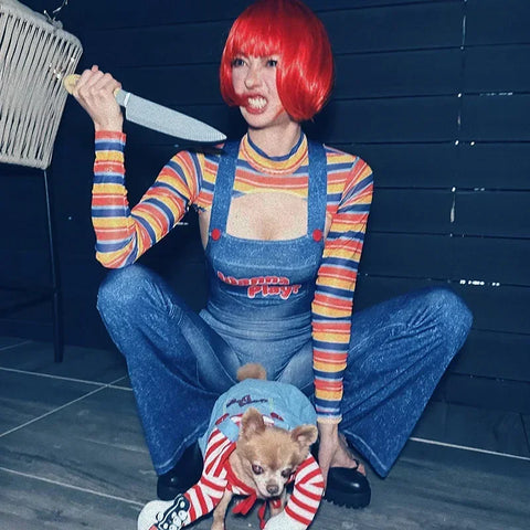 Sonicelife Women Wanna Play Letter Print Overalls Imitation Denim Jumpsuits Romper Striped Long Sleeve Crop Shirt Halloween Cosplay Outfits