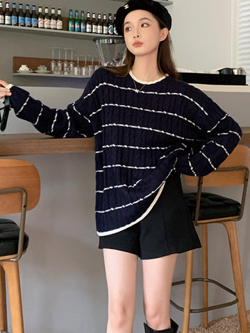 Sonicelife Korean Soft Striped Sweaters Women O Neck Lazy Wind Fashion Knitted Jumpers Fall Loose Long Sleeve Female Sweet Pullovers