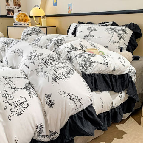 Sonicelife Ink Style A-class Skin Friendly Washed Cotton Four Piece Set With Lotus Leaf Lace Bedding, Bedsheet, Duvet Cover, Single Bed