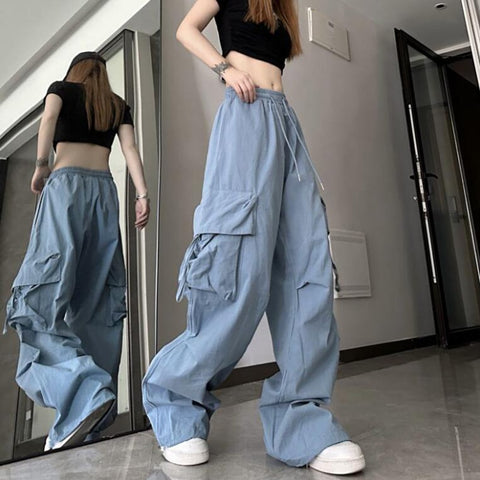 Sonicelife Hip Hop Y2K Cargo Pants Women Streetwear Harajuku Big Pockets Casual Trousers Korean Loose High Waist Design Solid Pants Z