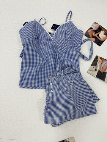 Sonicelife Blue Plaid Back Strap Tank Shorts Pajama Set Women Sleeveless Crop Top+Elastic Waist Straight Short Pant Sweet Home 2 Piece Sets