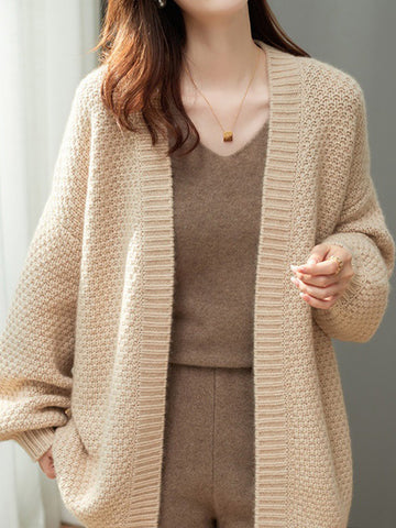 christmas outfit Sonicelife Long Sleeves Loose Solid Color Collarless Cardigan Tops