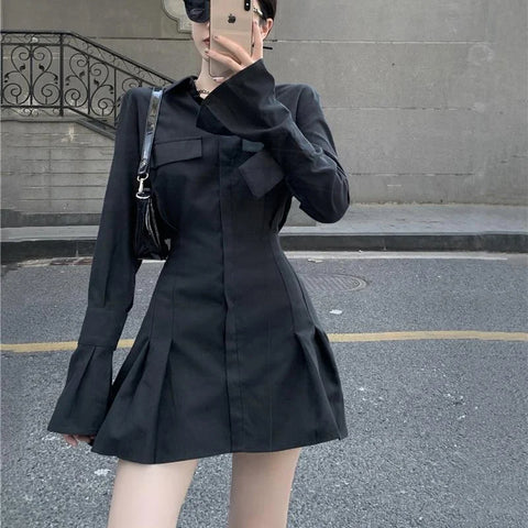 Sonicelife Black Shirt Dress Women Elegant Vintage Long Sleeve Pleated Dress Sexy Gothic Y2k Turn Down Collar Casual Mini Vestidos