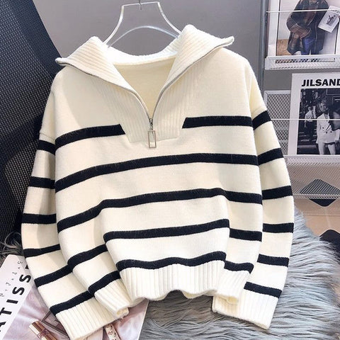 Black Friday Sonicelife Korean Striped Knit Pullover Women Half Zip Casual Loose Lazy Autumn Winter Jumpers Pretty Style Basic Warm Female Sweater