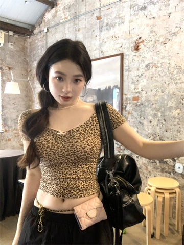 Sonicelife 2025 Summer New Leopard Y2k Crop Tops Women 2000s Basic Outwear Vintage T-shirt Korean Fashion Casual Sexy Backless Tops Chic