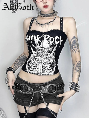 Sonicelife Y2k Cyber Punk Camisole Women Dark Gothic Streetwear Harajuku Grunge Printed Rivets Lace Patchwork Zip-up Crop Ank Tops