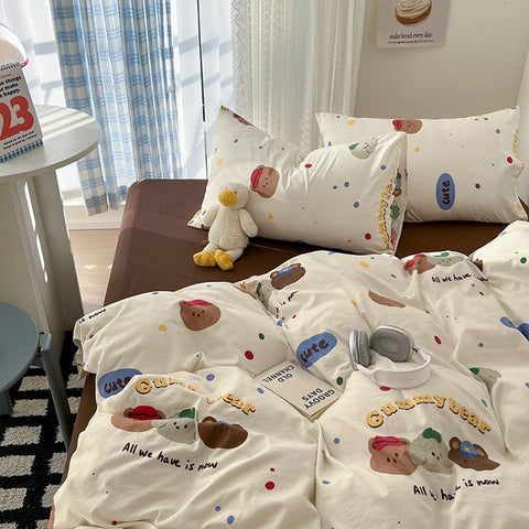 Sonicelife Ins Korean Cartoon Little Bear Cute Bedding Set Autumn Winter Polyester Bed Sheet Pillowcase Twin Full Queen Size Quilt Cover