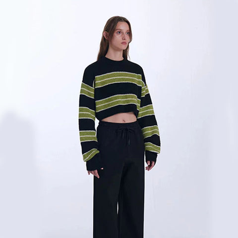 Black Friday Sonicelife Y2K Green Striped Crop Knit Sweater Women Korean Vintage Streetwear Long Sleeve Pullover Female Loose All-Match Short Jumper