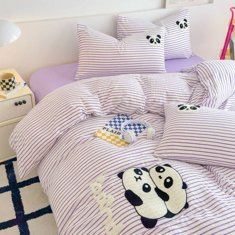 Sonicelife Striped Bedding Set Full Size Cartoon Duvet Cover for Kids Purple Bed Sheet Set Single Size Panda Towel Embroidery Bedding Sets