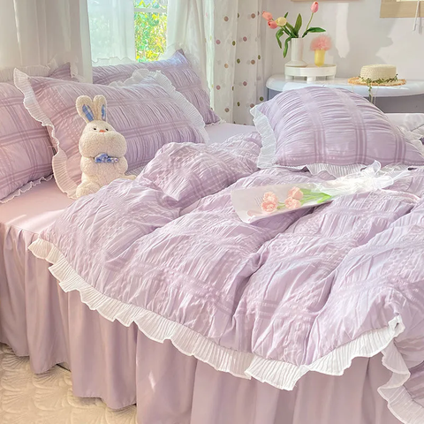 Sonicelife Korean Style Bedding Set Seersucker Princess No Filler Girls Single Double Queen Size Duvet Cover Sheet Pillowcase Bedspread