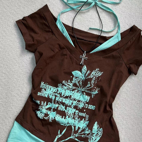 Sonicelife American Retro Halter Neck Printed T-shirt 2024 Summer Streetwear Hot Girl Slim Millennium Harajuku Fashion Casual Women Clothes