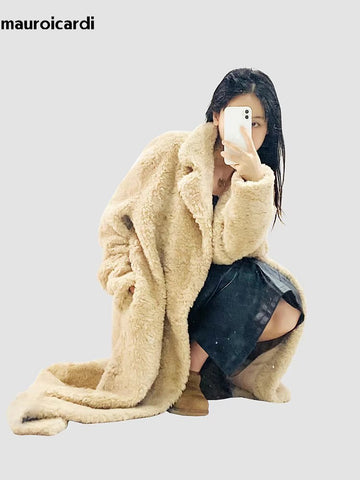 christmas outfit Sonicelife Winter Long Soft Oversized Khaki Thick Warm Fluffy Fuzzy Faux Fur Coat Women Sashes Loose Casual Korean Fashion 2025