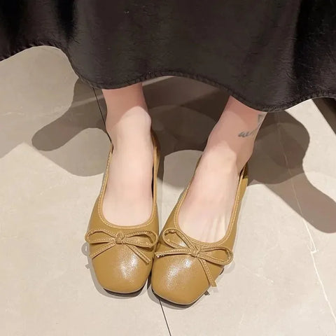 Sonicelife 2025 Spring Autumn Women Soft Bottom Comfortable Flat Shoes Butterfly Knot Milk  Soft Leather Fairy Shoes Low Heels Daily Use