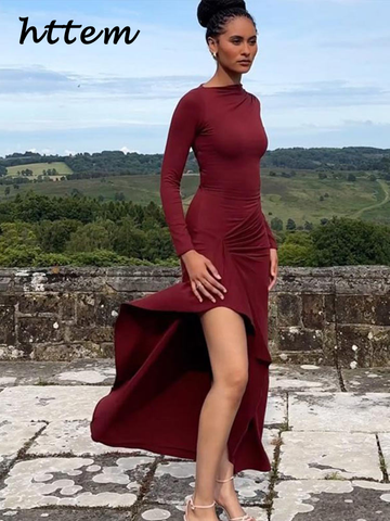 Sonicelife Elegant Ruched Long Party Dress Women Bodycon O-neck Full Sleeve Package Hip Female Dresses 2024 Autumn Lady Sexy Wine Red Robes