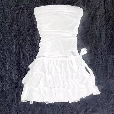 Sonicelife Solid color bow decoration dress fashion lace edge casual Y2K top emotional girl urban beauty chic slim sweet street women dress