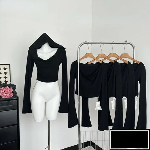 Sonicelife Gothic Black Tshirts for Women Y2k Crop Tops Shirts 2025 Summer Hooded Long Sleeve Tees Korean Fashion Casual Sexy T Shirt New