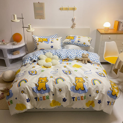 Sonicelife Kawaii Kids Bedding Set Soft Cotton Flat Fitted Sheet Duvet Cover Pillowcases Single Queen Cartoon Boy Girls Dormitory Bed Linen