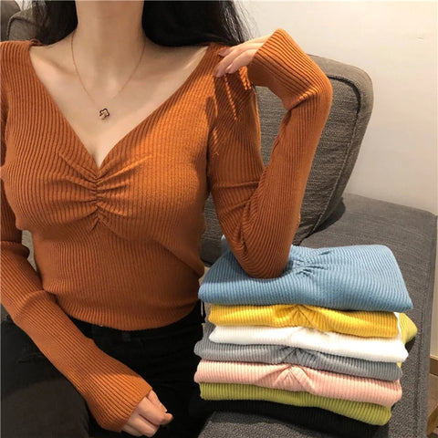 Sonicelife Sexy V Neck Women Sweater Autumn Knitted Pullover Jumper Chic Soft Korean Slim Long Sleeve Female Basic Top New