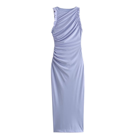 Sonicelife Women's Sleeveless Long Dress with Wooden Ear Lace Folding and Split, Monochromatic, Midlength, Mid Length, New