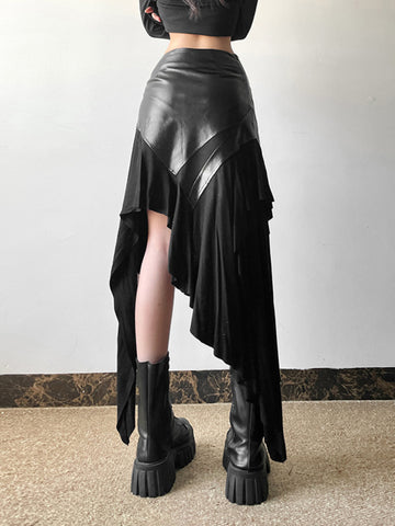 Sonicelife Harajuku Cyber Punk Skirt Women Dark Academia Gothic Streetwear New Fashion Y2k Irregular Pu Patchwork High Waist Skirt