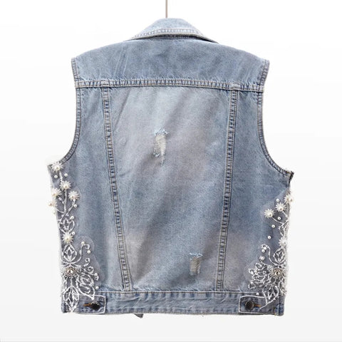 Sonicelife Women Denim Vest 2025 Pearls Fashion Ripped Autumn Jeans Jacket Sleeveless Loose Short Coat Causal Waistcoats Outwear Tops