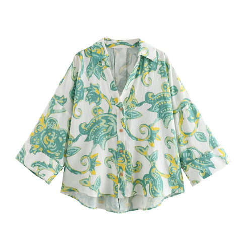 Sonicelife Women's Single Breasted Printed Shirt Linen Blended Comfortable Soft Commuting Versatile Top New
