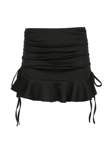 Sonicelife Ruched Low Waist Ruffled A-Line Skirt