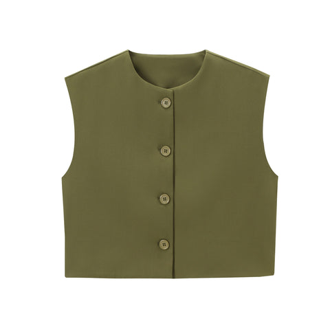Sonicelife Women's Sleeveless Round Neck Single Breasted Design Vest Commuting Temperament Casual Versatile Tank Top New