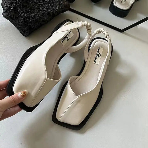 Sonicelife Fashion Ladies Elastic Band Flat Heel Women Summer Elegant Ladies Sandals Shallow Party Shoes Square Heel Square Toe