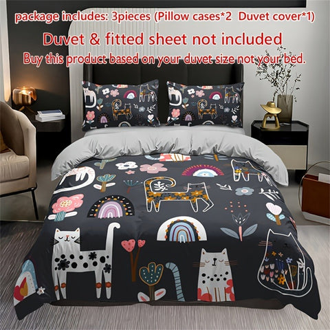 Sonicelife 3pcs Cat & Floral Print Bedding Set - Includes 1 Duvet Cover and 2 Pillowcases, Breathable Polyester, Machine Washable - Perfect