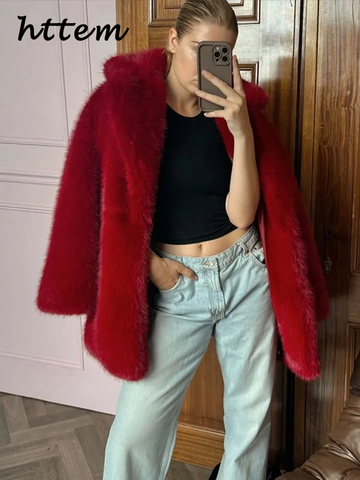 Sonicelife Street Women's Red Faux Fur Coats Loose Lapel Long Sleeves Female Fluffy Jacket 2024 Winter Lady Luxury Thicken Furry Overcoats