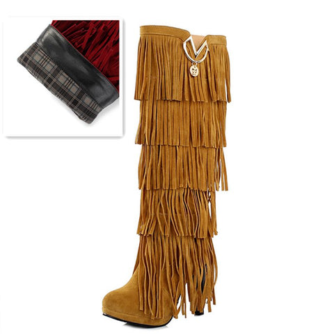 thanksgiving outfit Sonicelife size 32-43 Flock Fur Women boots High heels Knee boots Fringe Tassels Fashion Black Red ZL4150