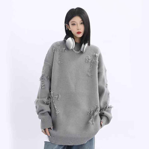 Black Friday Sonicelife Fall Long Sleeve Hole Knit Sweaters Women Y2K Fashion Streetwear Tassels O Neck Solid Pullovers Bf Korean Oversized Loose Jumper