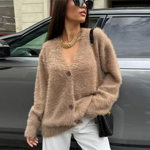 Black Friday Sonicelife Casual Solid Imitation Mink Cardigan Women Loose Knitted Plush V-neck Single-Button Sweaters Female Autumn Chic Street Tops