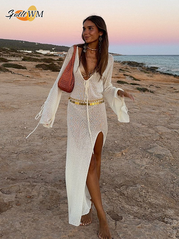 Sonicelife Casual Knit Open Fork Long Dress Elegant White V Neck Full Sleeve Lace Up Robes New Women's Summer Beach Holiday Vestidos 2025