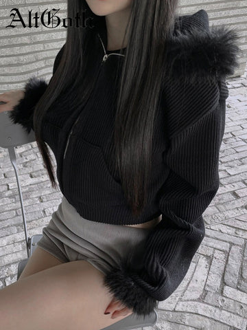 Sonicelife Y2k Winter Warm Corduroy Coats Women Mall Gothic Streetwear Hipster Grunge Emo Alt Long Sleeve Hooded Crop Jackets Femme