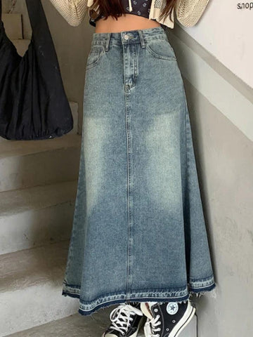 Sonicelife-Vintage Distressed Frayed Hem A Line Midi Skirt