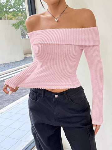 christmas outfit Sonicelife Long Sleeves Skinny Pleated Solid Color Split-Joint Off-The-Shoulder Sweater Tops