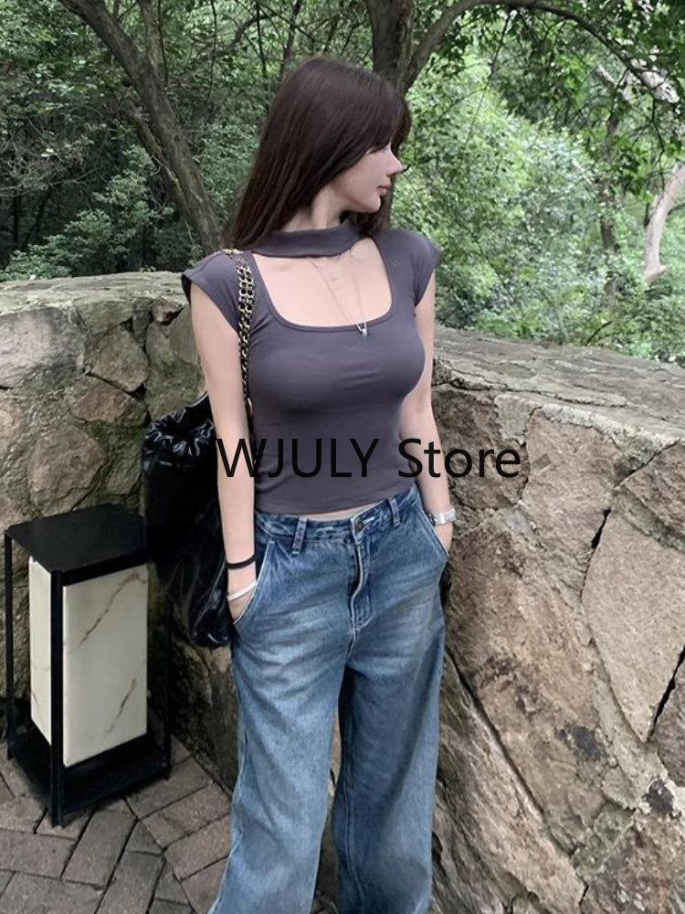 Sonicelife Basic Grey Y2k Crop Tops Office Lady Slim Bodycon T Shirts Casual Korean Fashion Party Tees Woman Short Sleeve 2025 Summer Chic