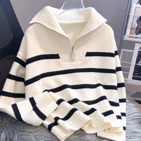 Black Friday Sonicelife Korean Striped Knit Pullover Women Half Zip Casual Loose Lazy Autumn Winter Jumpers Pretty Style Basic Warm Female Sweater