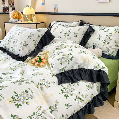 Sonicelife Ink Style A-class Skin Friendly Washed Cotton Four Piece Set With Lotus Leaf Lace Bedding, Bedsheet, Duvet Cover, Single Bed