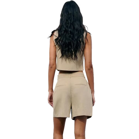 Sonicelife Single Breasted Vest with Split Linen for Women Pleated Design High Waisted Casual Shorts Set New