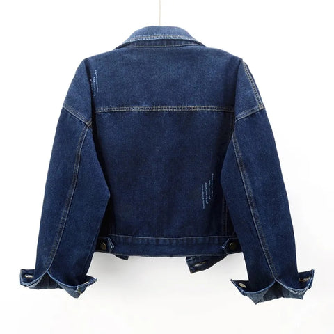 Sonicelife Vintage Women Jacket 2025 New Autumn Denim Jackets Long Sleeve Blue Jeans Coat Turn-down Collar Outwear Bomber Jacket