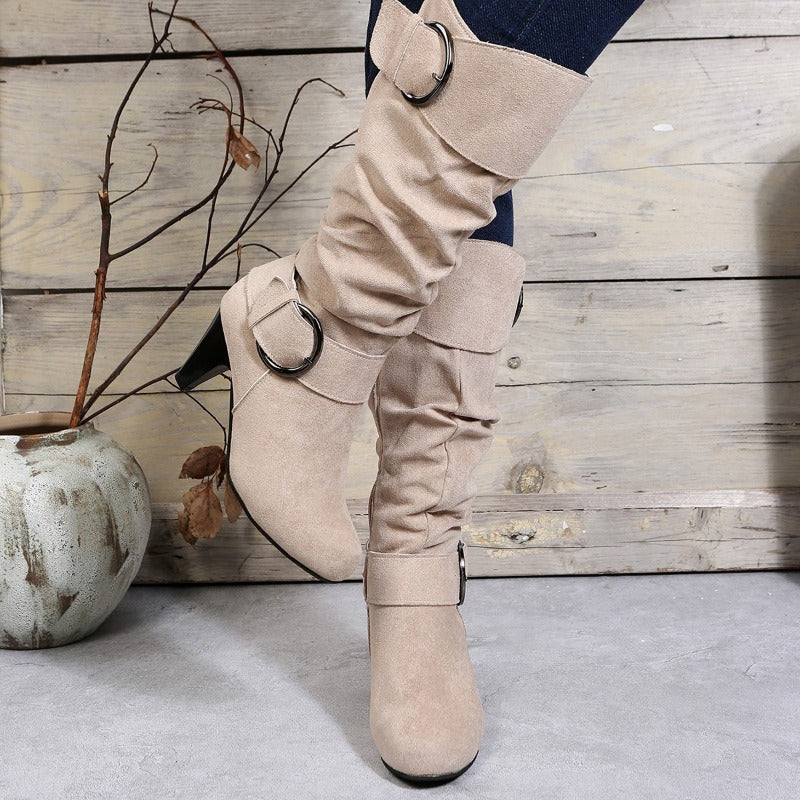 Sonicelife 2025 Autumn Fashion  Boots Side Zip Shoes  Mid-calf Boots Pointed Tip Ladies High Heels Suede Botas De Invierno Para Mujer