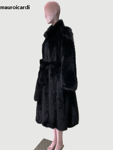 christmas outfit Sonicelife Winter Long Oversized Black Thick Warm Soft Shaggy Fluffy Faux Fox Fur Coat Women Sashes Loose Casual Furry Overcoat