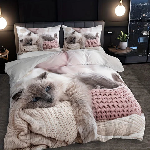 Sonicelife 3pcs Lazy Cat Animal Duvet Cover Set Soft Comfortable And Breathable HD Printing Bedding For Home Dorm