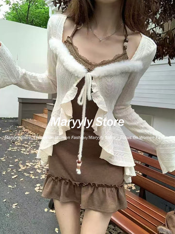 Sonicelife 2025 New Elegant Y2k Two Piece Sets American Retro Slim Fit Camisole Dress for Women+ Ruffles Long Sleeve Knitted Cardigan Chic