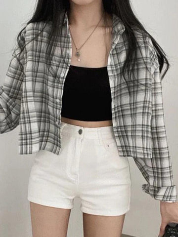 Sonicelife Vintage Plaid Short Loose Long Sleeve Blouse